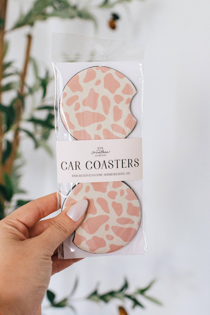 Pink Cow Print Car Coasters