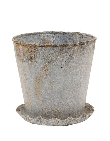 5" Rnd x 5"H Metal Pot w/ Pleated Saucer, Distressed Zinc Fin