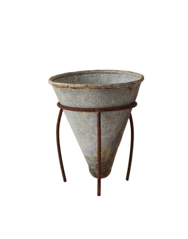 Metal Cone Flower Pot w/ Metal Stand, Distressed